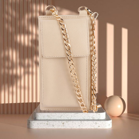 Beige Vegan Leather Mobile Sling Wallet with Gold Chain | Compact Crossbody Purse for Women