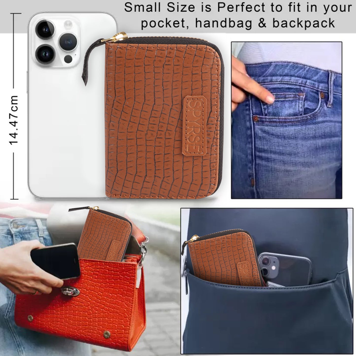 Brown Crocodile-Textured Vegan Leather Mini Wallet for Women