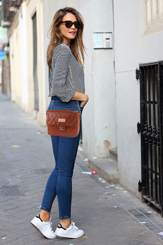 Brown Quilted Vegan Leather Chain Sling Bag for Women