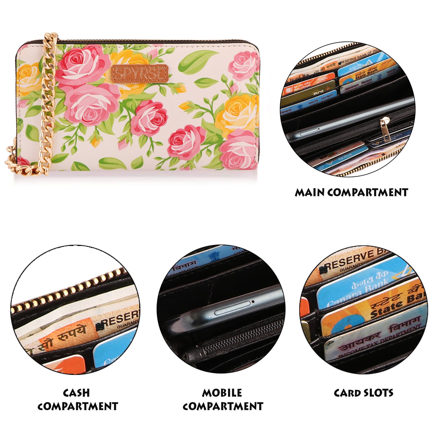 Color Bloom Floral Vegan Leather Women’s Clutch Purse with Gold Chain