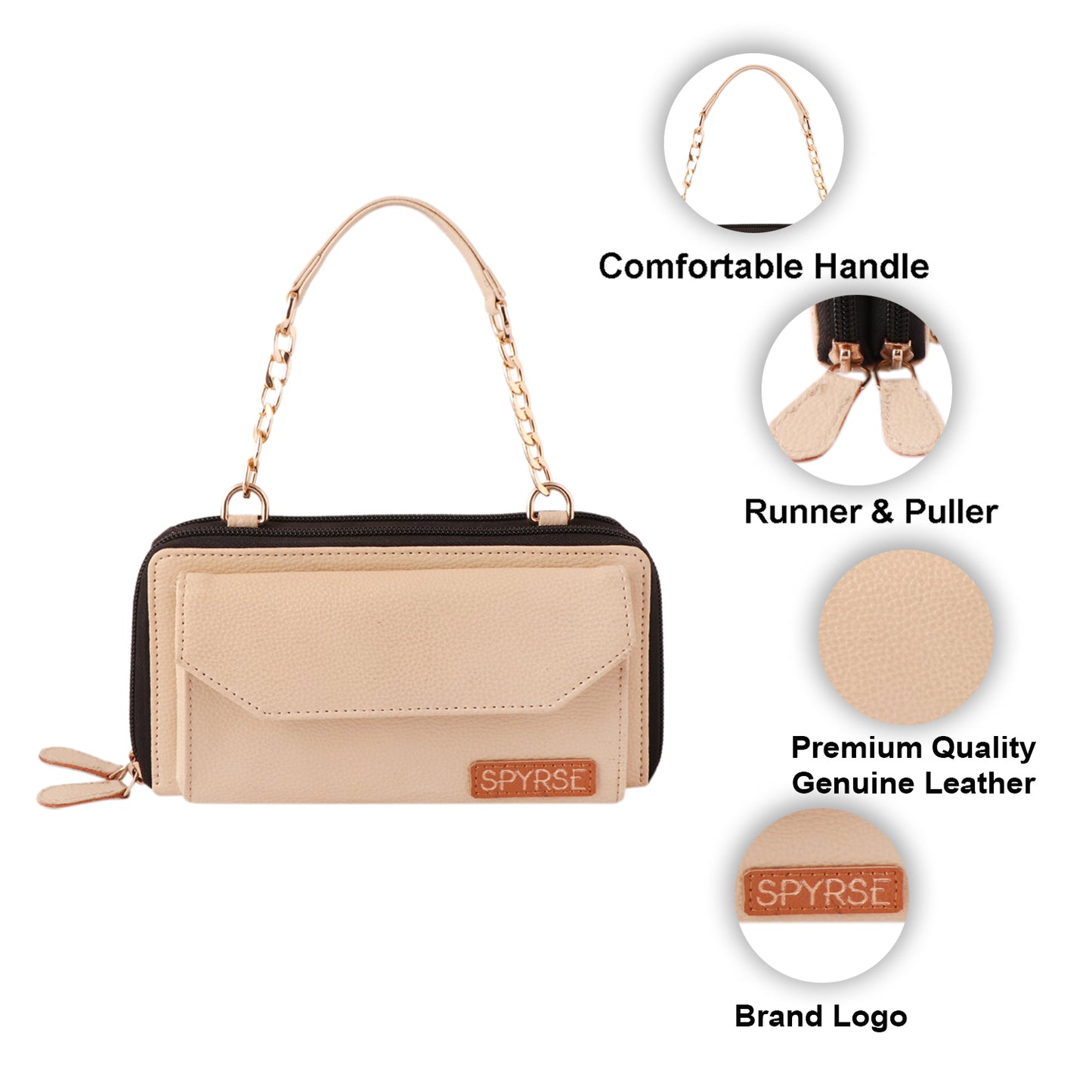 Beige Vegan Leather Women's Wallet with Chain Handle.