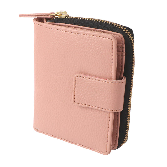 Women’s Pink Vegan Leather Wallet – Compact Bi-Fold Zip Around Card Holder