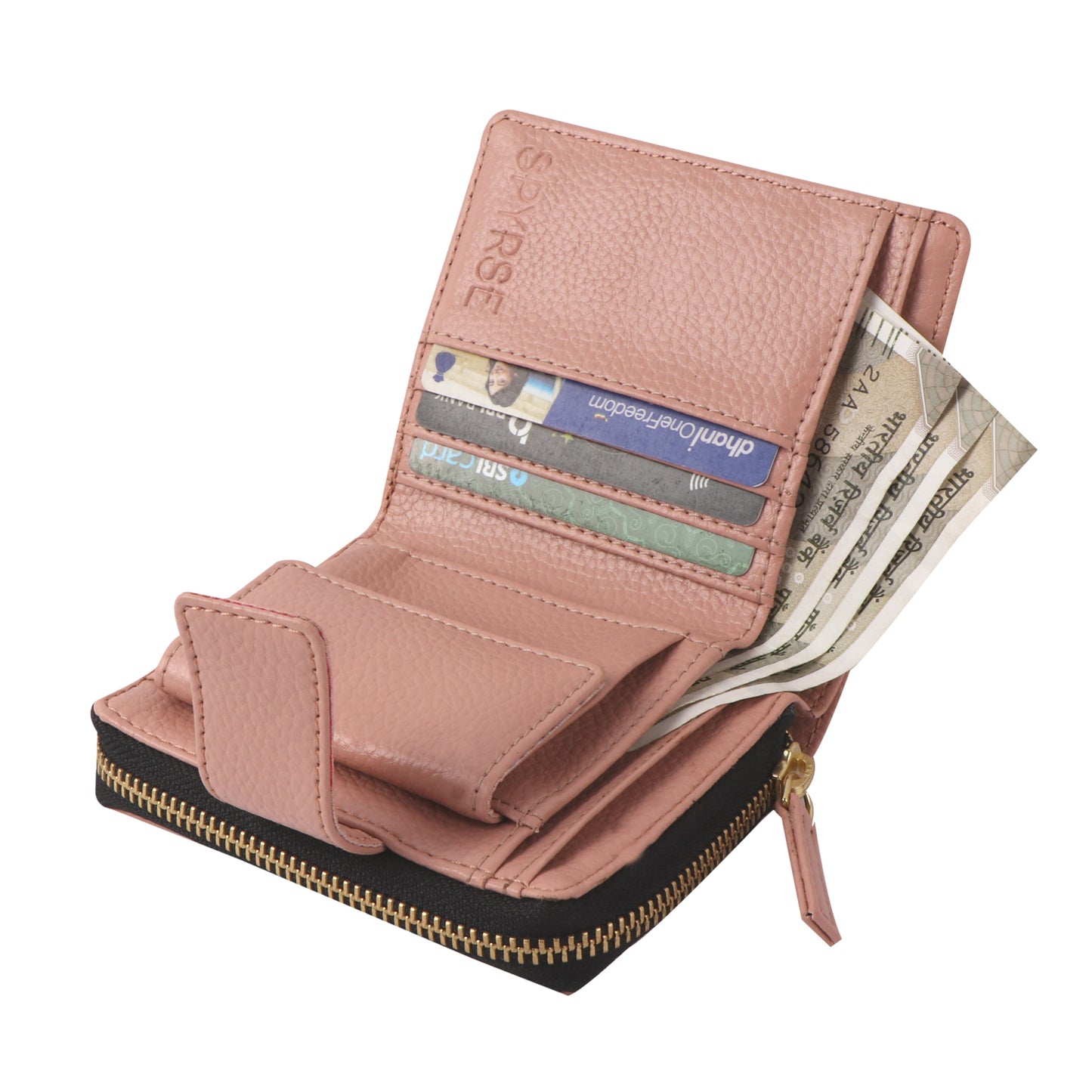 Women’s Pink Vegan Leather Wallet – Compact Bi-Fold Zip Around Card Holder