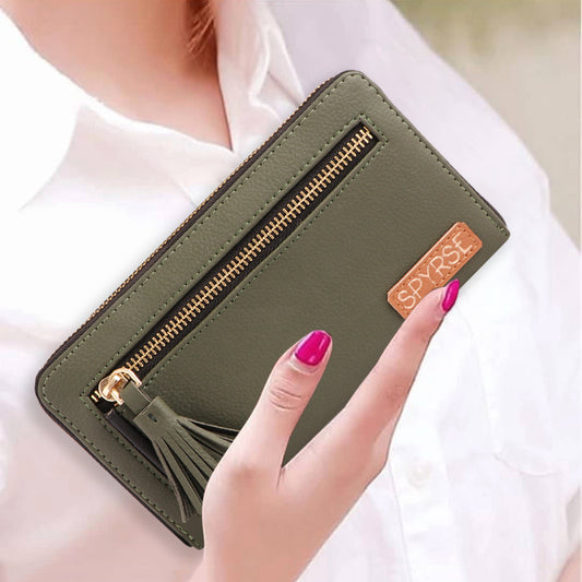 Olive Green Vegan Leather Tassel Clutch for Women | Stylish Zip Wallet