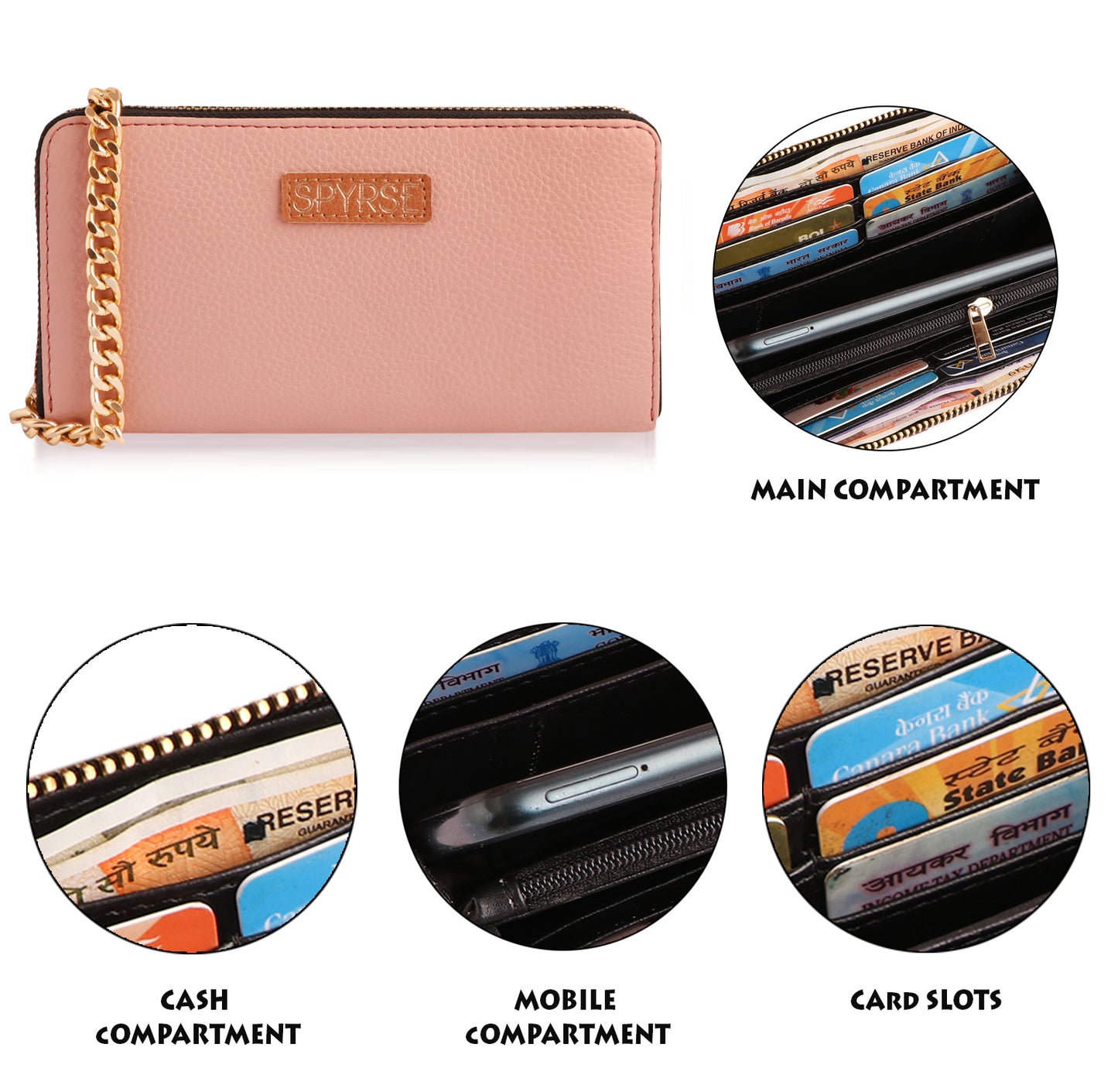 Women's Pink Vegan Leather Clutch Wallet | Zip-Around Purse with Chain