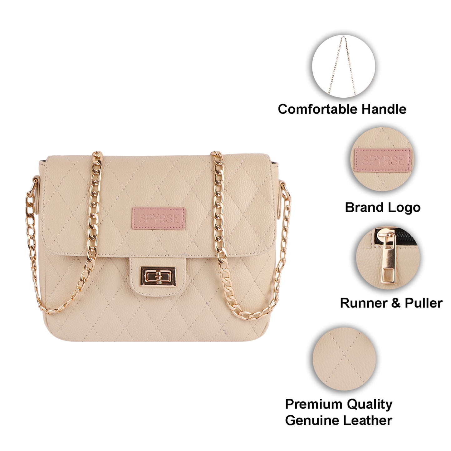 Beige Quilted Vegan Leather Sling Bag for Women | Gold Chain Shoulder Bag