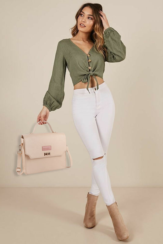 Women’s Beige Vegan Leather Sling Bag with Top Handle