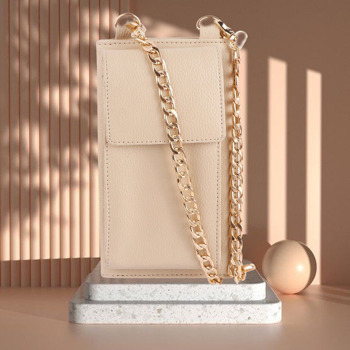 Beige Vegan Leather Mobile Sling Wallet with Gold Chain | Compact Crossbody Purse for Women