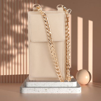 Beige Vegan Leather Mobile Sling Wallet with Gold Chain | Compact Crossbody Purse for Women