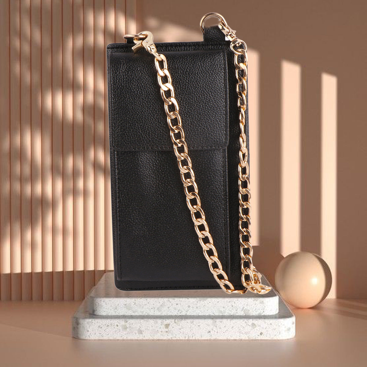 Black Vegan Leather Mobile Sling Wallet Gold Chain – Multi-Utility Crossbody Purse for Women