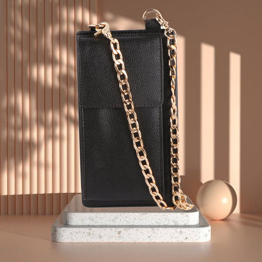 Black Vegan Leather Mobile Sling Wallet Gold Chain – Multi-Utility Crossbody Purse for Women