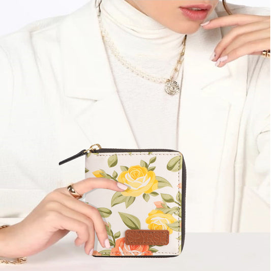 Floral Print Vegan Leather Women’s Wallet – Compact Zip Around Small Purse