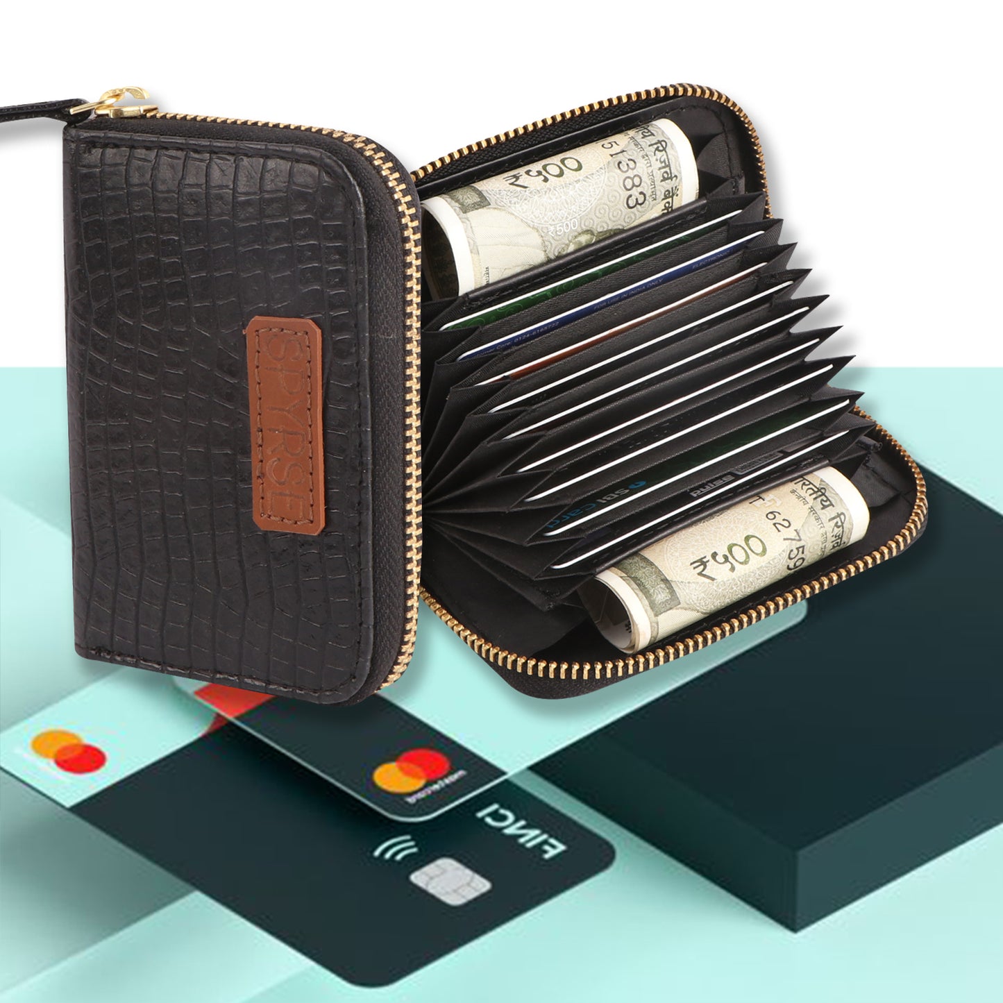 Black Crocodile-Textured Vegan Leather Mini Wallet for Women