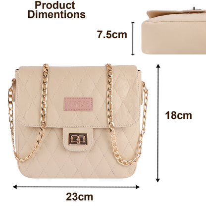 Beige Quilted Vegan Leather Sling Bag for Women | Gold Chain Shoulder Bag