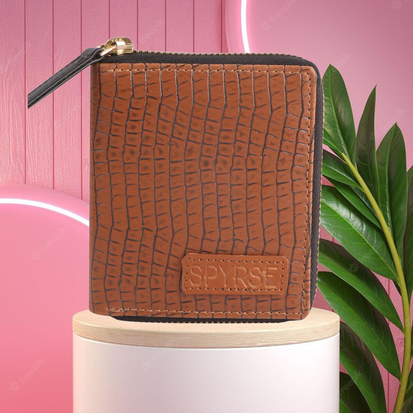 Women’s Brown Crocodile Pattern Vegan Leather Zip Wallet