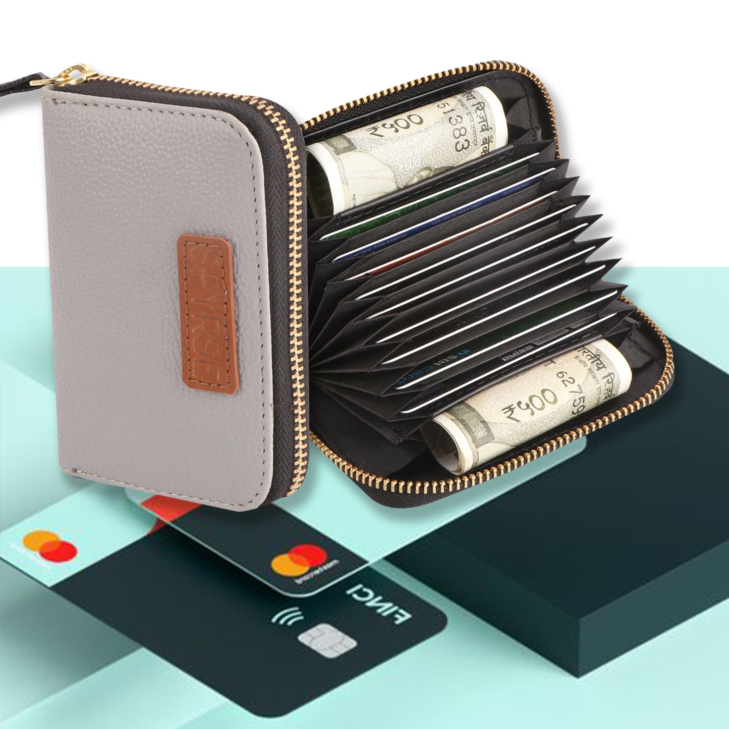 Grey Vegan Leather Mini Wallet for Women – Compact Zip Card Holder