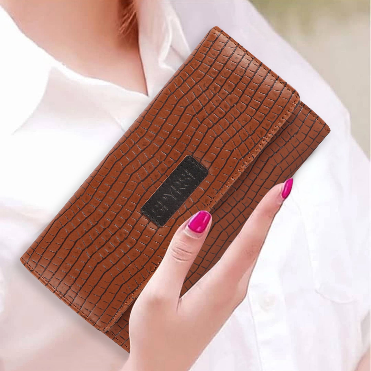 Tan Vegan Leather Women’s Wallet | Crocodile Texture
