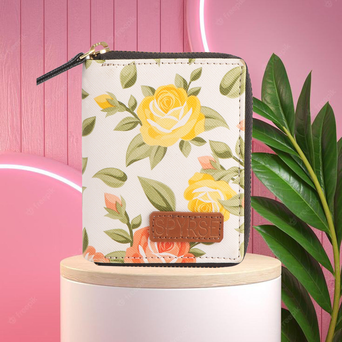 Floral Print Vegan Leather Women’s Wallet – Compact Zip Around Small Purse