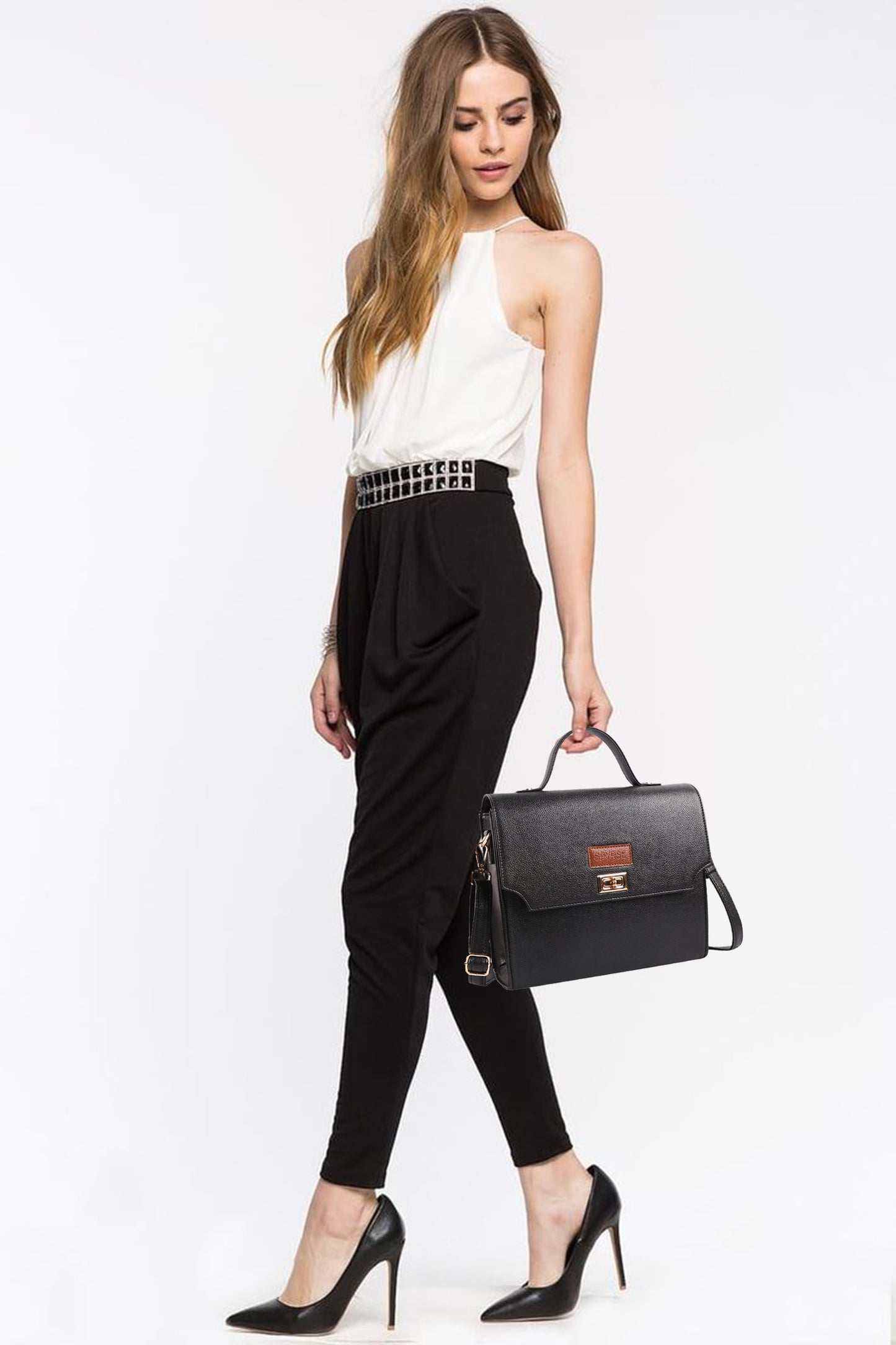 Women’s Black Vegan Leather Handbag with Gold Lock & Adjustable Strap