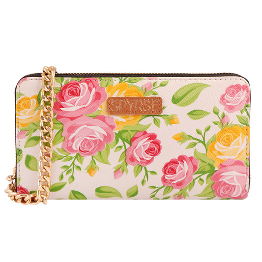 Color Bloom Floral Vegan Leather Women’s Clutch Purse with Gold Chain