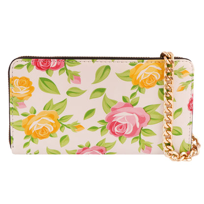 Color Bloom Floral Vegan Leather Women’s Clutch Purse with Gold Chain