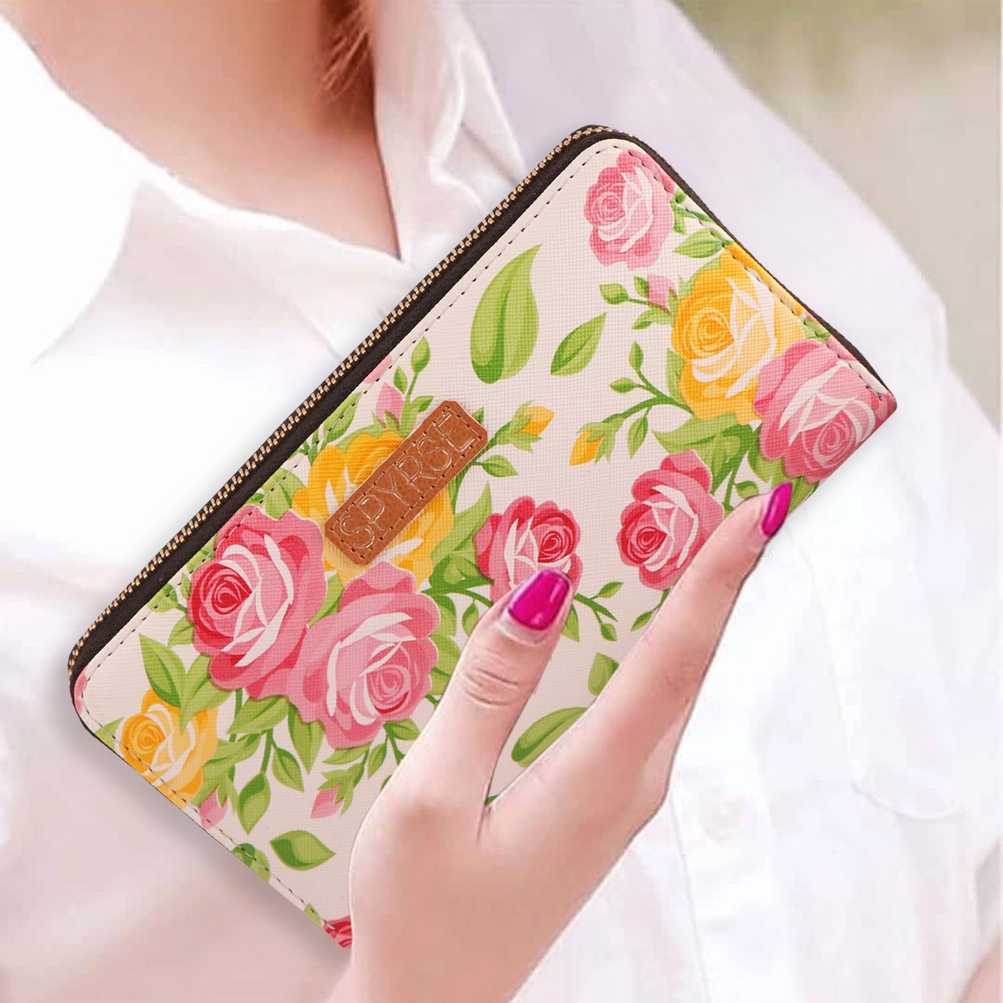 Color Bloom Floral Vegan Leather Women’s Clutch Purse with Gold Chain