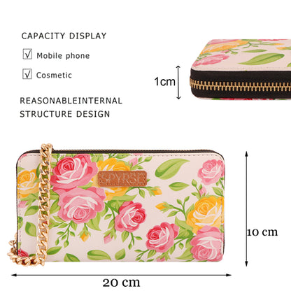 Color Bloom Floral Vegan Leather Women’s Clutch Purse with Gold Chain