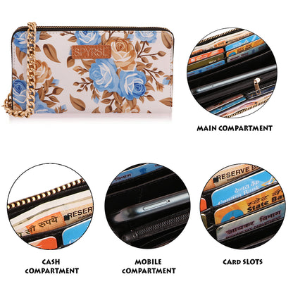 Blue Floral Vegan Leather Clutch | Elegant Party & Casual Chain Purse for Women