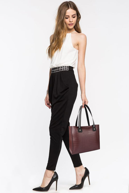 Brown Crocodile-Texture Vegan Leather Tote Bag for Women