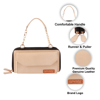 Beige Vegan Leather Women's Wallet with Chain Handle.