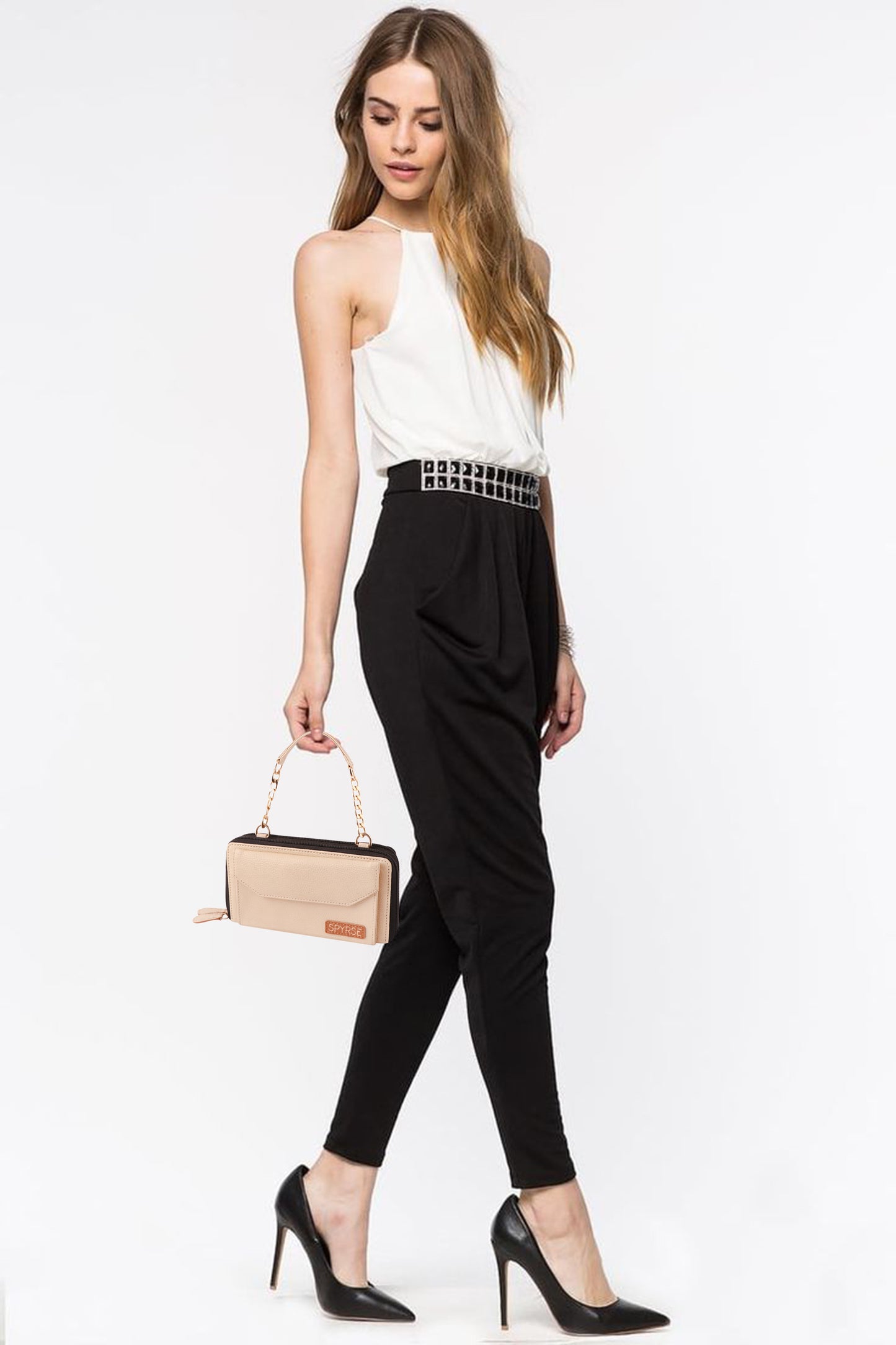 Beige Vegan Leather Women's Wallet with Chain Handle.