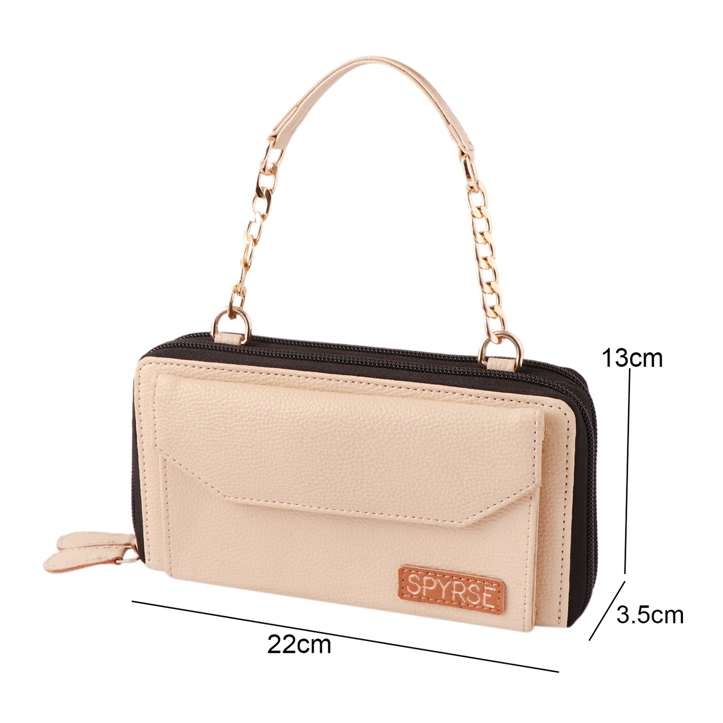 Beige Vegan Leather Women's Wallet with Chain Handle.