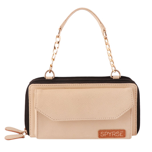 Beige Vegan Leather Women's Wallet with Chain Handle.