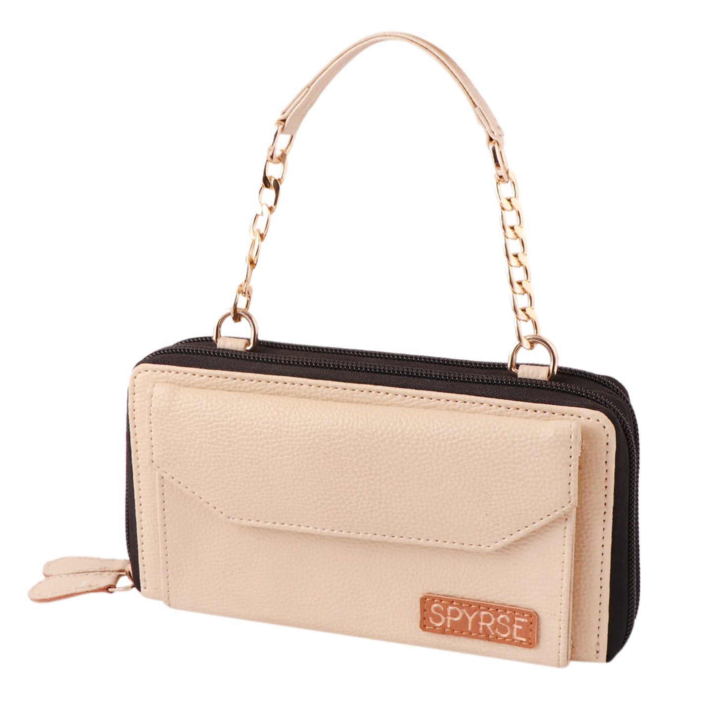 Beige Vegan Leather Women's Wallet with Chain Handle.