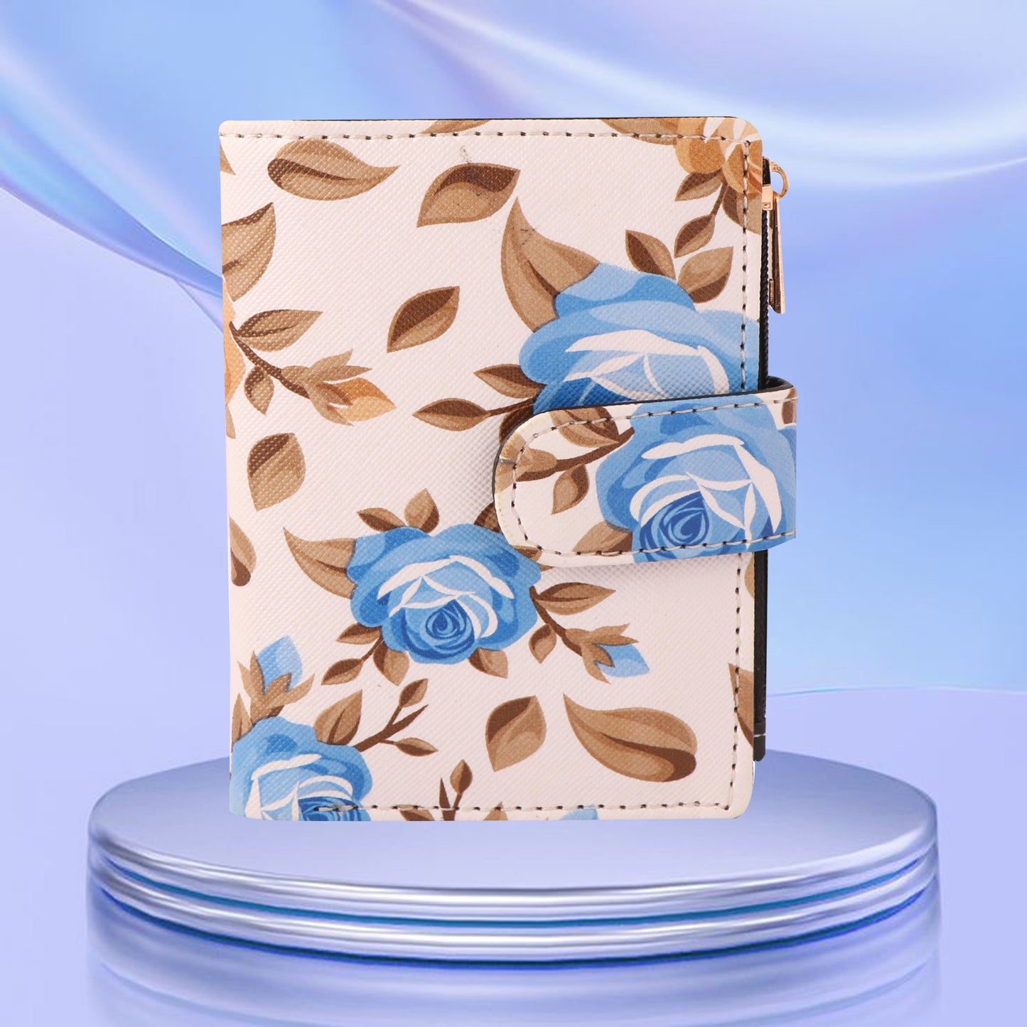Blue Floral Print Women’s Vegan Leather Wallet | Compact Bifold Card Holder