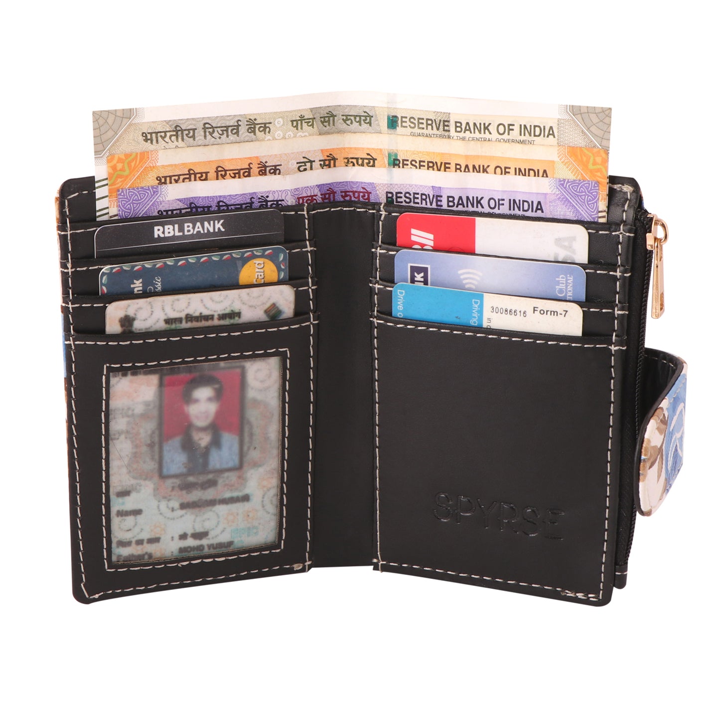 Blue Floral Print Women’s Vegan Leather Wallet | Compact Bifold Card Holder