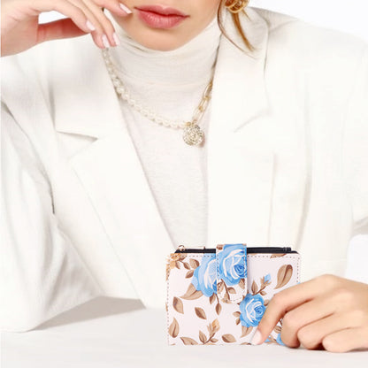 Blue Floral Print Women’s Vegan Leather Wallet | Compact Bifold Card Holder