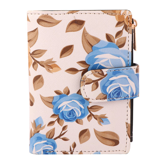 Blue Floral Print Women’s Vegan Leather Wallet | Compact Bifold Card Holder