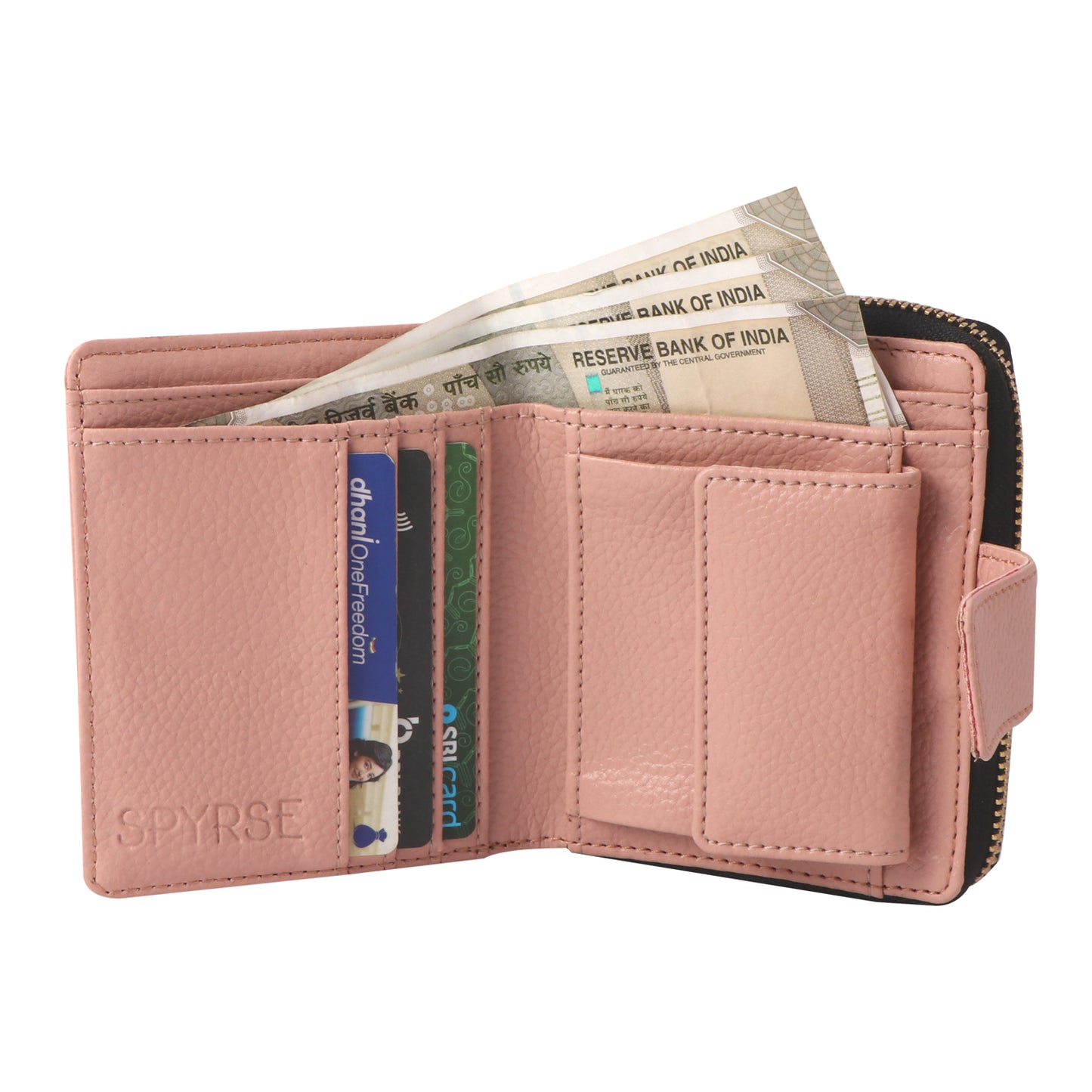 Women’s Pink Vegan Leather Wallet – Compact Bi-Fold Zip Around Card Holder