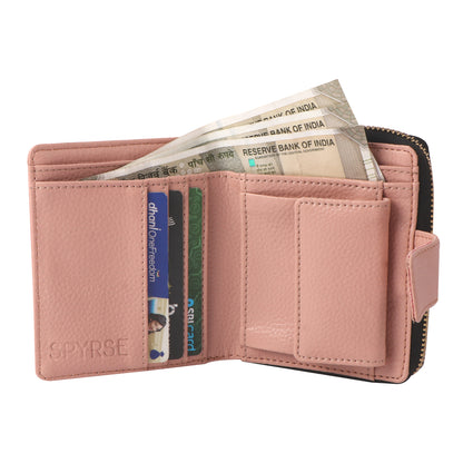 Women’s Pink Vegan Leather Wallet – Compact Bi-Fold Zip Around Card Holder