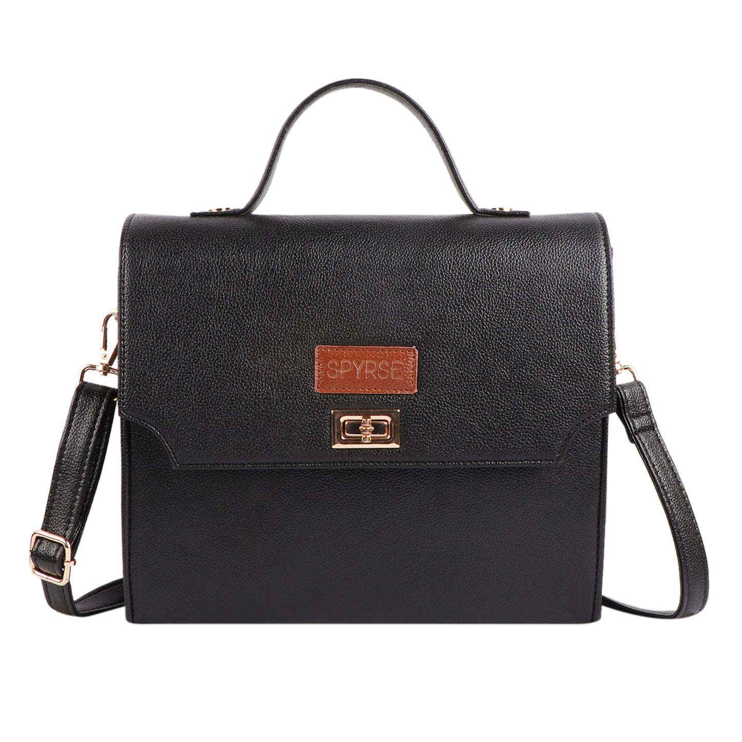 Women’s Black Vegan Leather Handbag with Gold Lock & Adjustable Strap