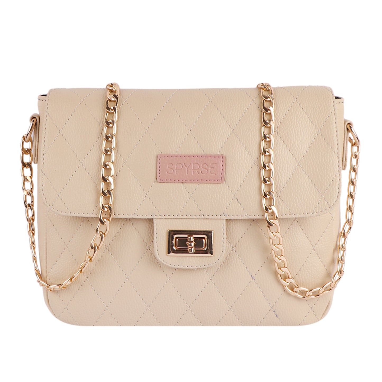 Beige Quilted Vegan Leather Sling Bag for Women | Gold Chain Shoulder Bag