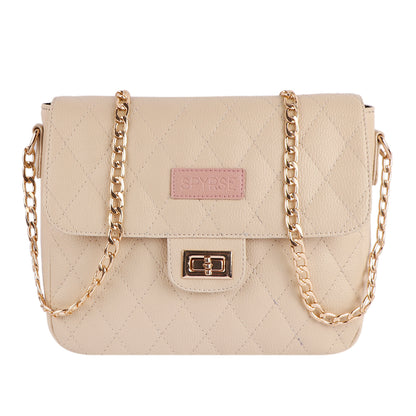 Beige Quilted Vegan Leather Sling Bag for Women | Gold Chain Shoulder Bag