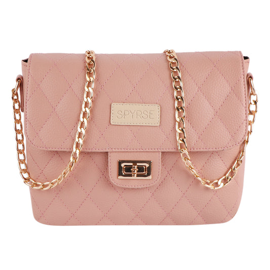 Pink Quilted Vegan Leather Chain Sling Bag for Women