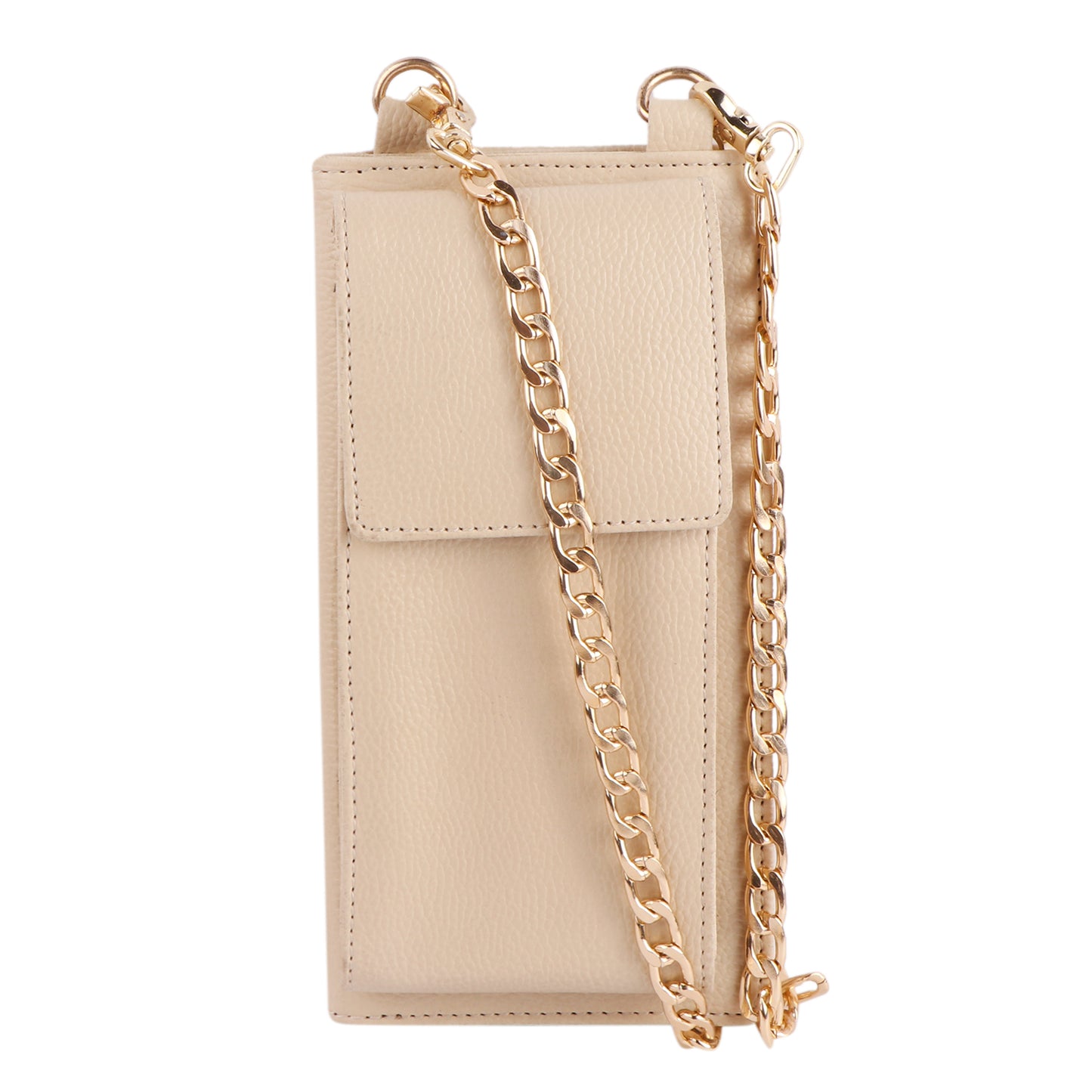 Beige Vegan Leather Mobile Sling Wallet with Gold Chain | Compact Crossbody Purse for Women