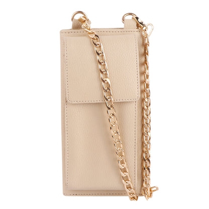Beige Vegan Leather Mobile Sling Wallet with Gold Chain | Compact Crossbody Purse for Women
