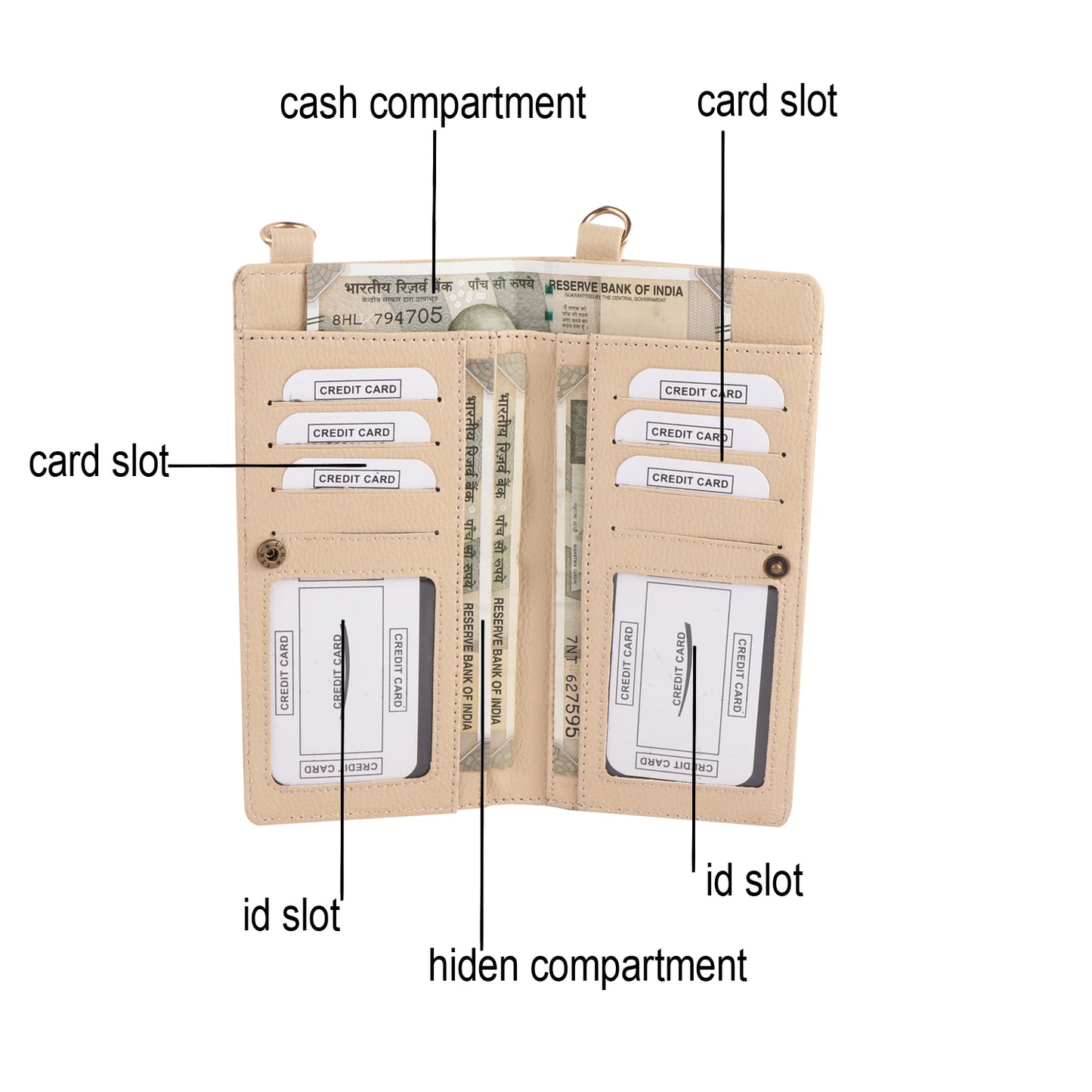 Beige Vegan Leather Mobile Sling Wallet with Gold Chain | Compact Crossbody Purse for Women