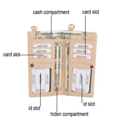 Beige Vegan Leather Mobile Sling Wallet with Gold Chain | Compact Crossbody Purse for Women