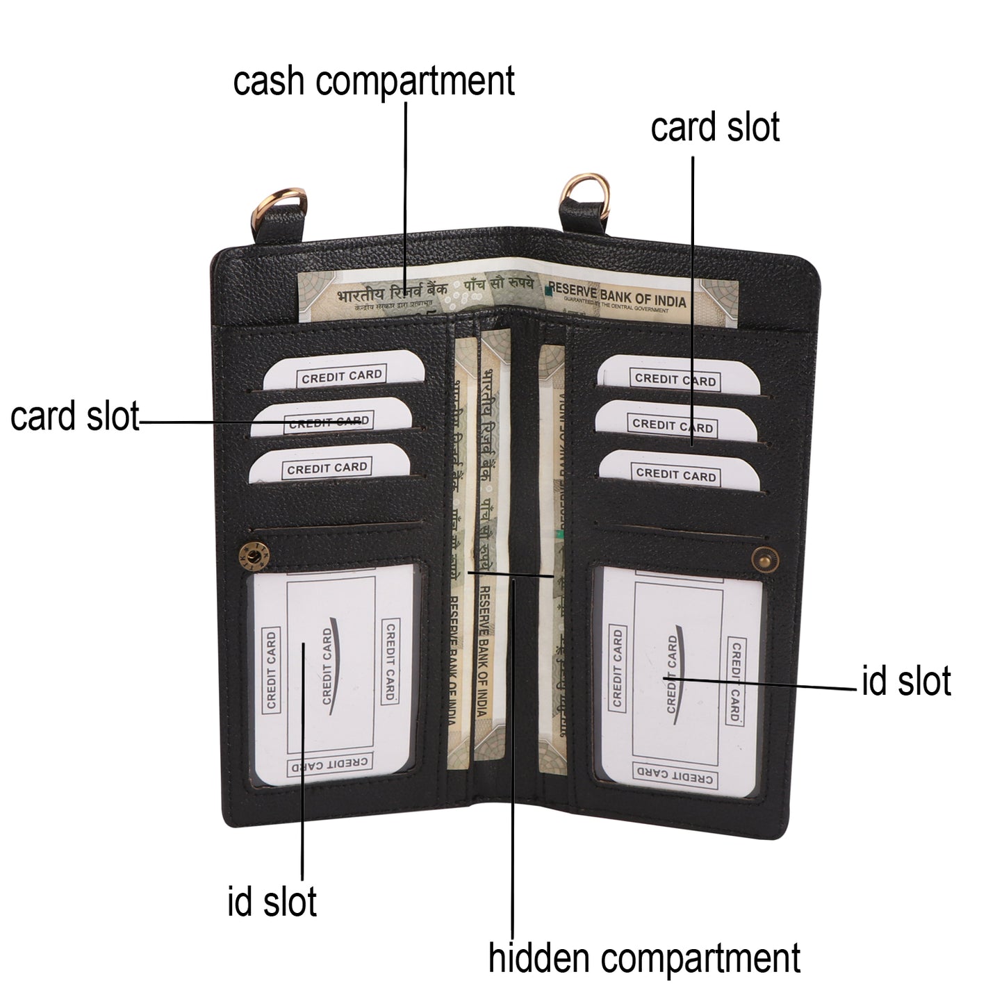 Black Vegan Leather Mobile Sling Wallet Gold Chain – Multi-Utility Crossbody Purse for Women