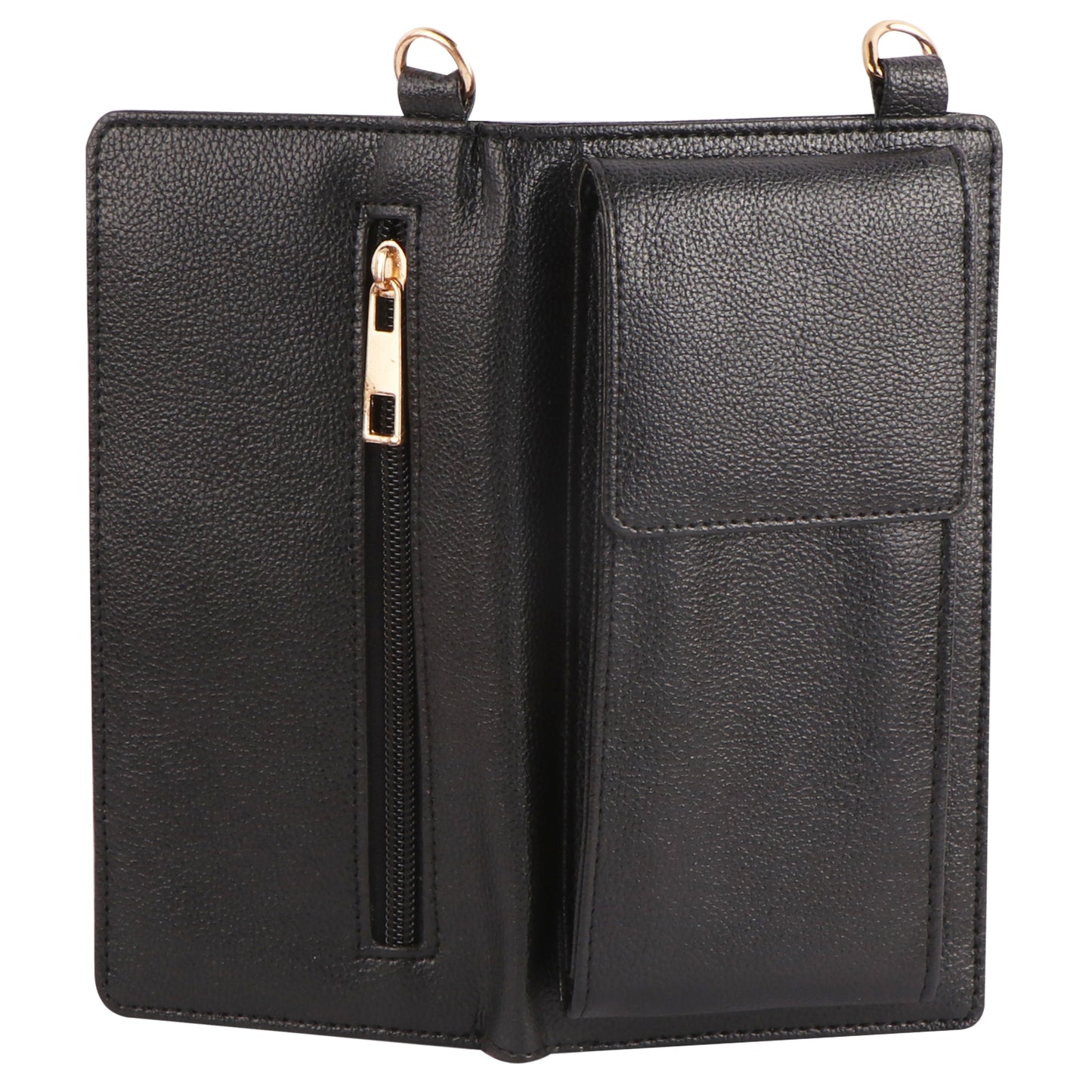 Black Vegan Leather Mobile Sling Wallet Gold Chain – Multi-Utility Crossbody Purse for Women